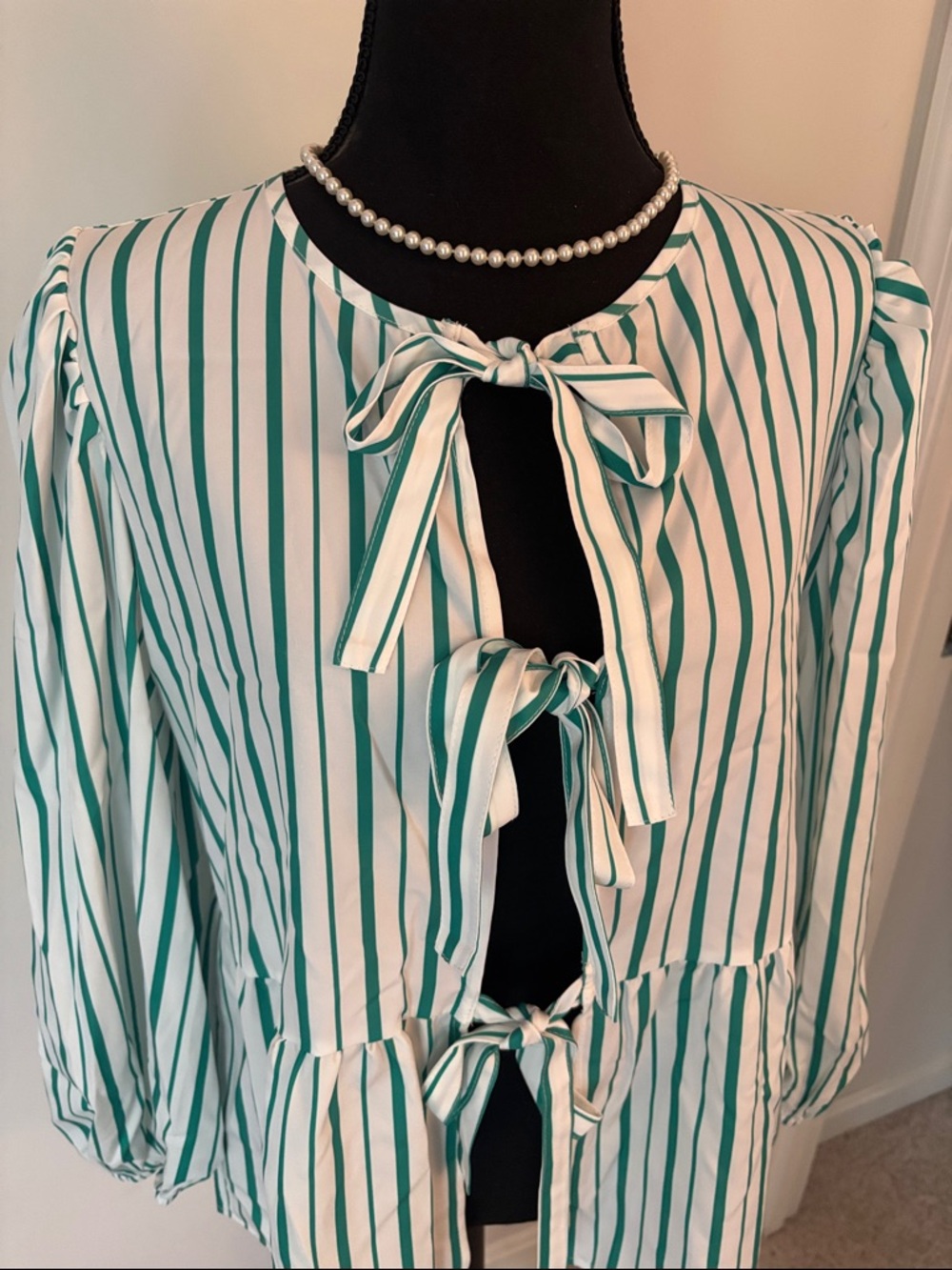 Striped Tie-Front Peplum Blouse - Green/White New - Picture 3 of 5